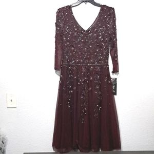 Pisarro Nights V-Neck 3/4 Sleeve Beaded Floral Embroidered Midi Dress
